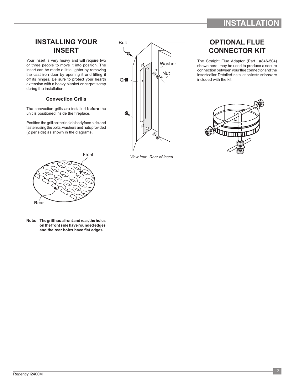 Installation, Optional flue connector kit, Installing your insert | Regency Classic I2400 Medium Wood Insert User Manual | Page 7 / 20