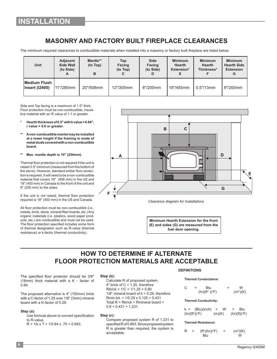 Installation, Masonry and factory built fireplace clearances | Regency Classic I2400 Medium Wood Insert User Manual | Page 8 / 20