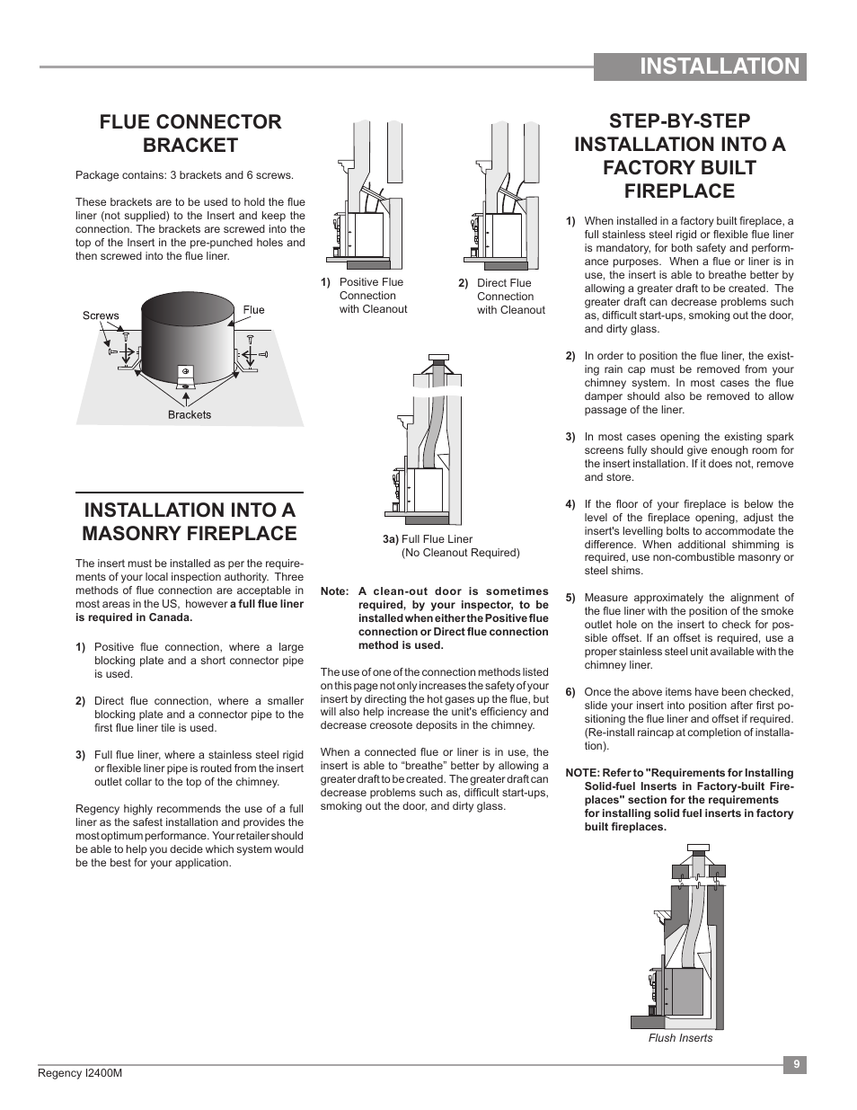 Installation, Flue connector bracket, Installation into a masonry fireplace | Regency Classic I2400 Medium Wood Insert User Manual | Page 9 / 20