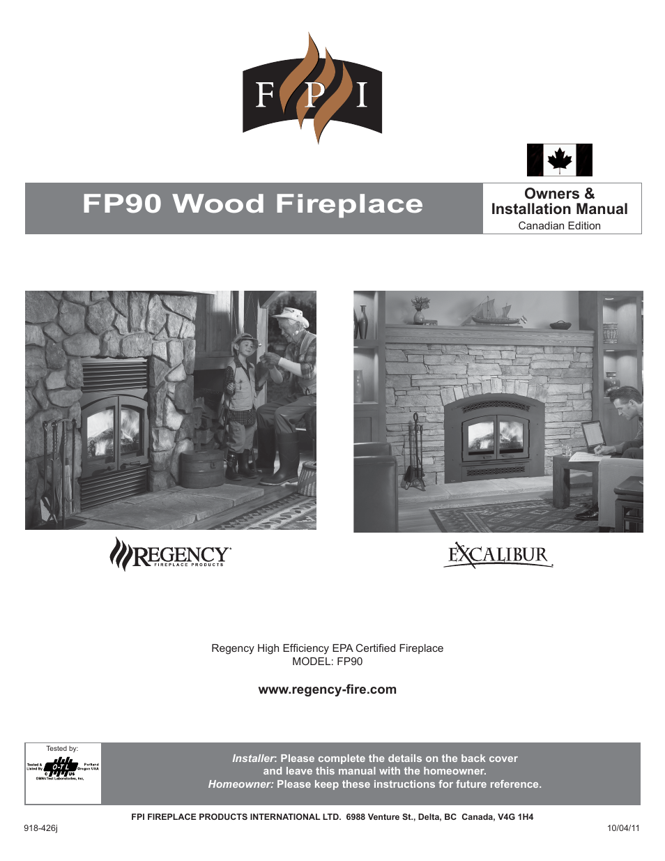 Regency Excalibur EX90 Large Wood Fireplace (Canadian Edition) User Manual | 40 pages