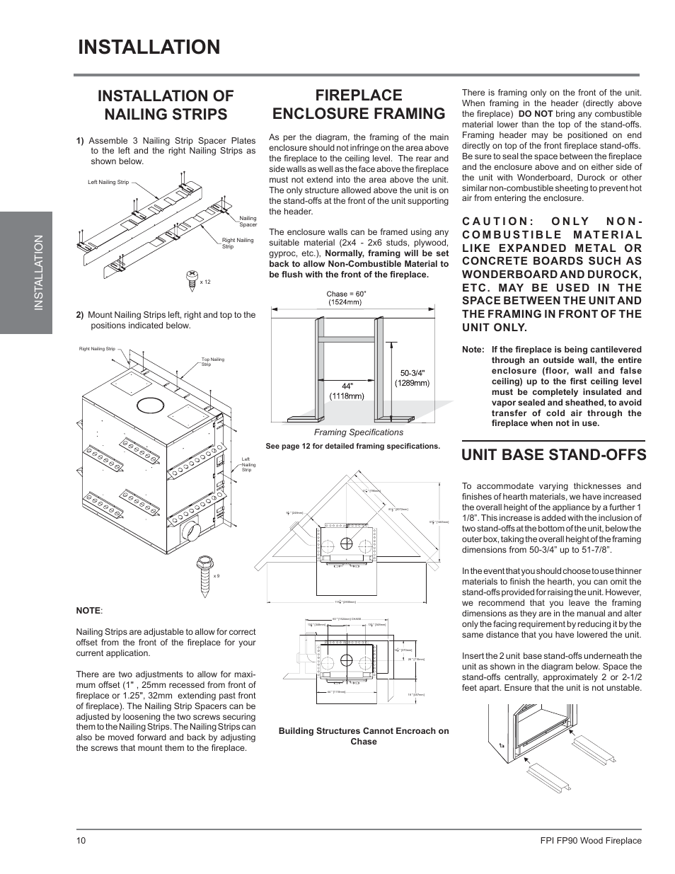 Installation, Installation of nailing strips, Fireplace enclosure framing | Unit base stand-offs, Inst alla tion | Regency Excalibur EX90 Large Wood Fireplace (Canadian Edition) User Manual | Page 10 / 40