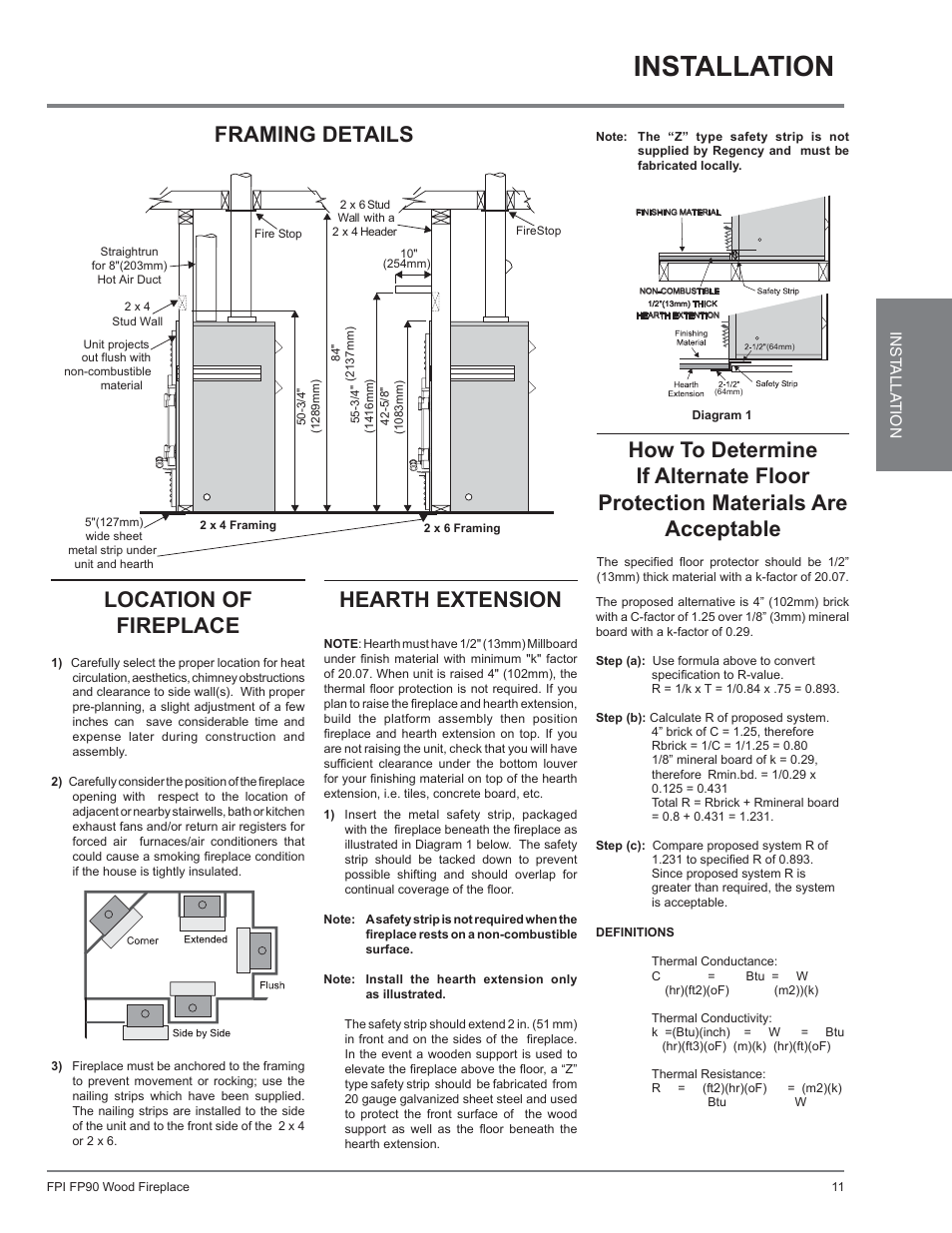 Installation, Framing details location of fireplace, Hearth extension | Regency Excalibur EX90 Large Wood Fireplace (Canadian Edition) User Manual | Page 11 / 40