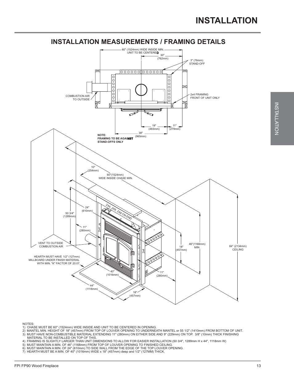 Installation, Installation measurements / framing details, Inst alla tion | Regency Excalibur EX90 Large Wood Fireplace (Canadian Edition) User Manual | Page 13 / 40