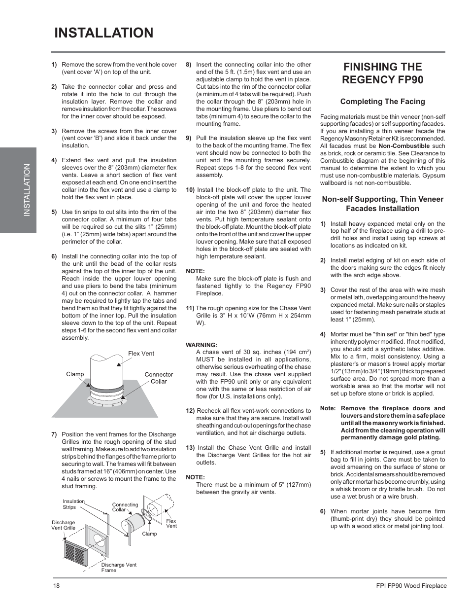 Installation, Finishing the regency fp90 | Regency Excalibur EX90 Large Wood Fireplace (Canadian Edition) User Manual | Page 18 / 40