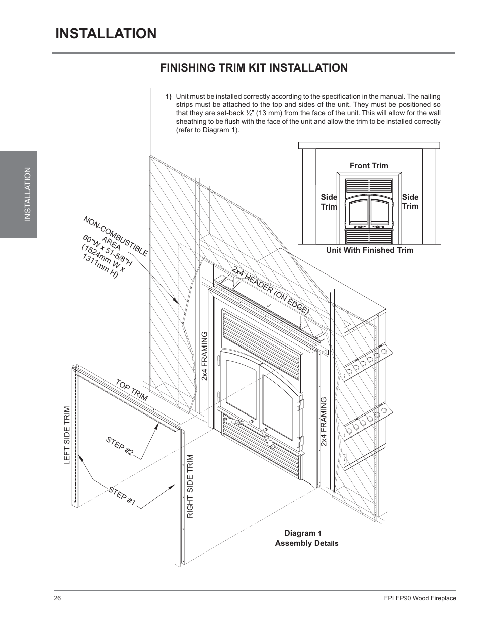 Wood fireplace, Ex90 / r90, Installation | Finishing trim kit installation, Finishing trim kit | Regency Excalibur EX90 Large Wood Fireplace (Canadian Edition) User Manual | Page 26 / 40