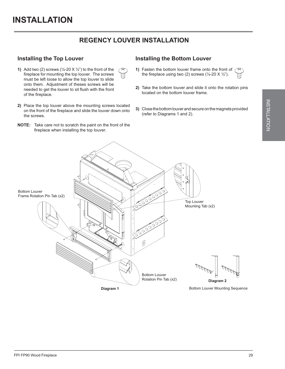 Wood fireplace, Installation, Regency louver installation | Regency louvers | Regency Excalibur EX90 Large Wood Fireplace (Canadian Edition) User Manual | Page 29 / 40