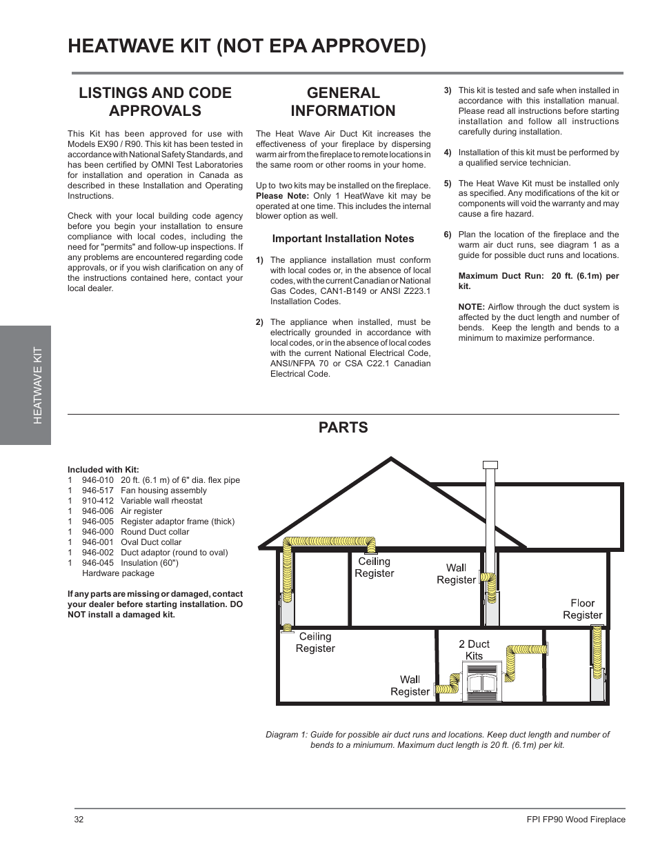 Heatwave kit (not epa approved), Listings and code approvals, General information | Parts | Regency Excalibur EX90 Large Wood Fireplace (Canadian Edition) User Manual | Page 32 / 40