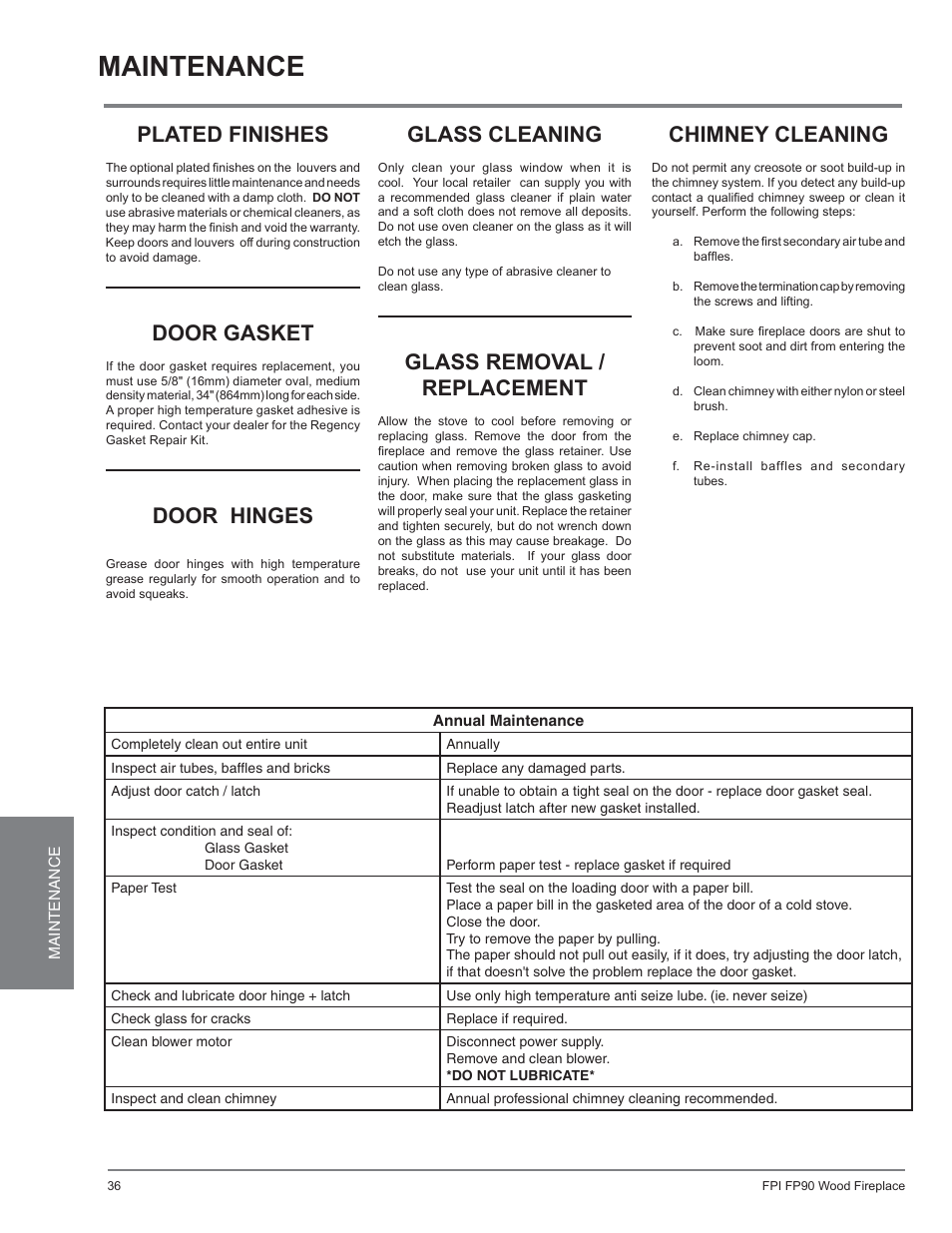 Maintenance, Plated finishes, Door gasket | Door hinges, Chimney cleaning, Glass cleaning, Glass removal / replacement | Regency Excalibur EX90 Large Wood Fireplace (Canadian Edition) User Manual | Page 36 / 40