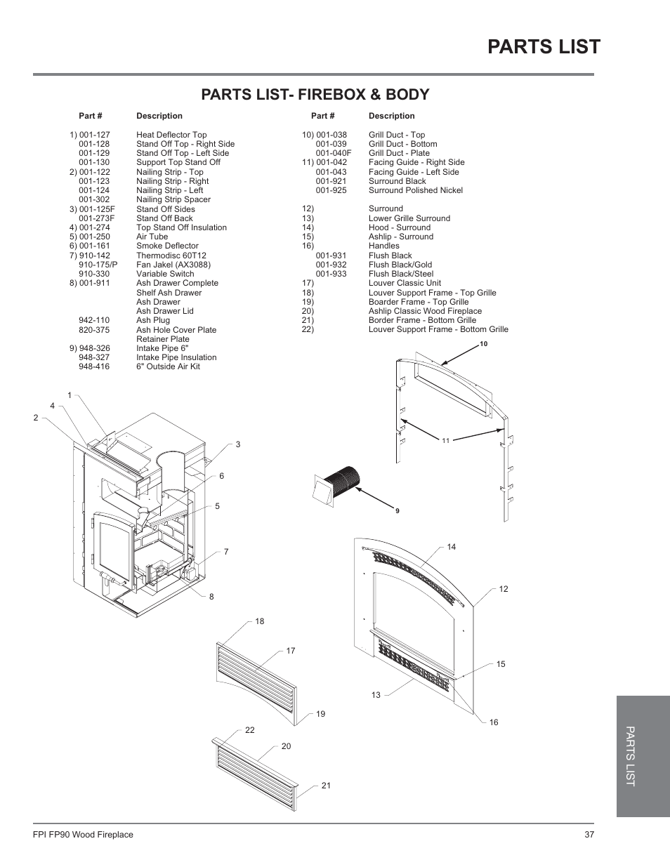 Parts list, Parts list- firebox & body, Par ts list | Regency Excalibur EX90 Large Wood Fireplace (Canadian Edition) User Manual | Page 37 / 40