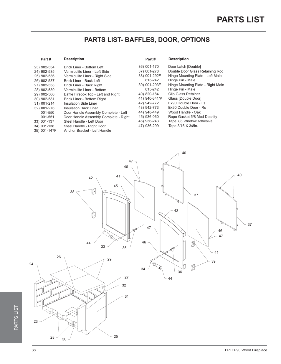 Parts list, Parts list- baffles, door, options | Regency Excalibur EX90 Large Wood Fireplace (Canadian Edition) User Manual | Page 38 / 40