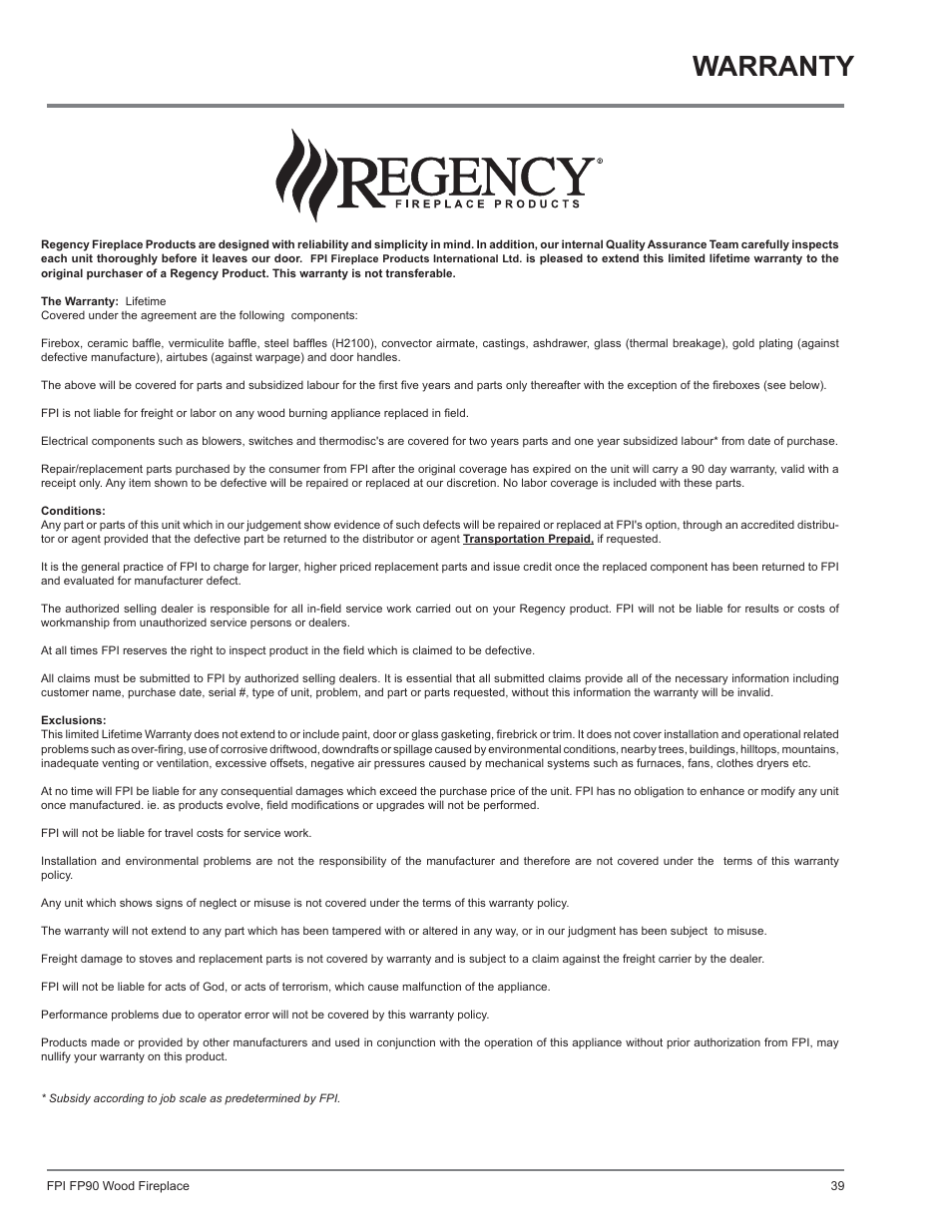 Warranty warranty | Regency Excalibur EX90 Large Wood Fireplace (Canadian Edition) User Manual | Page 39 / 40