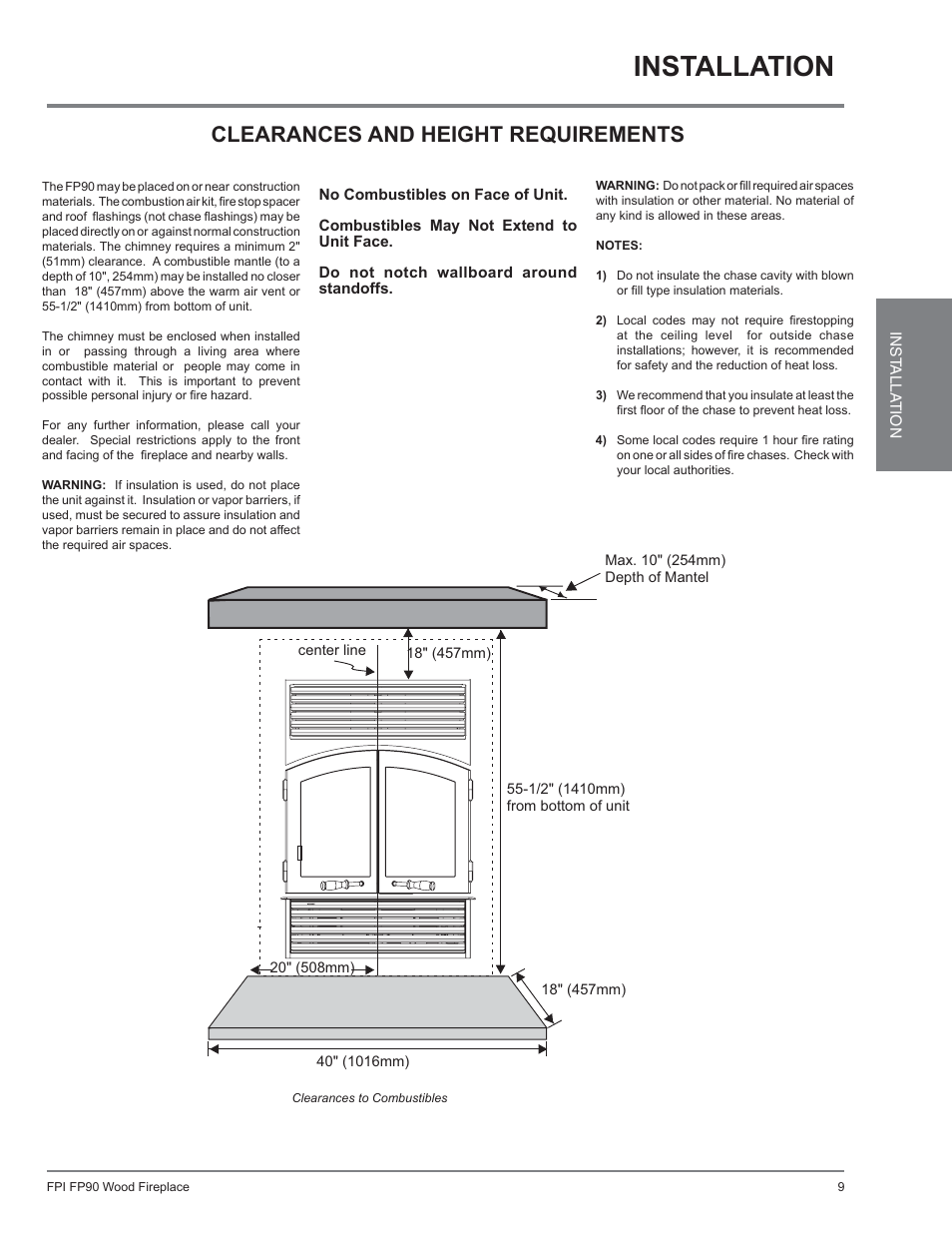 Installation, Clearances and height requirements | Regency Excalibur EX90 Large Wood Fireplace (Canadian Edition) User Manual | Page 9 / 40