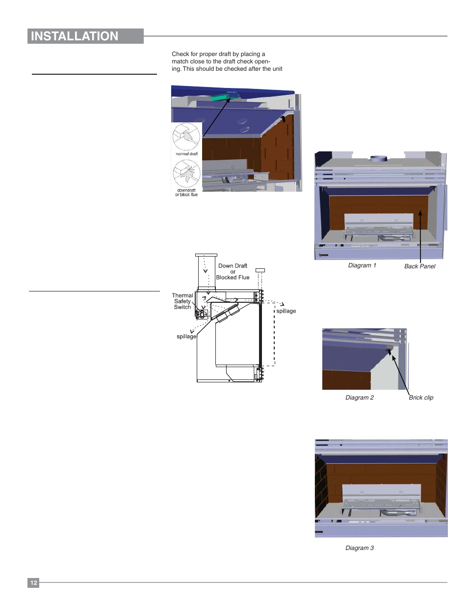 Installation, Optional brick panel, Test for flue spillage | Gas insert aeration system | Regency Excalibur EX-U31 Medium Gas Insert User Manual | Page 12 / 36