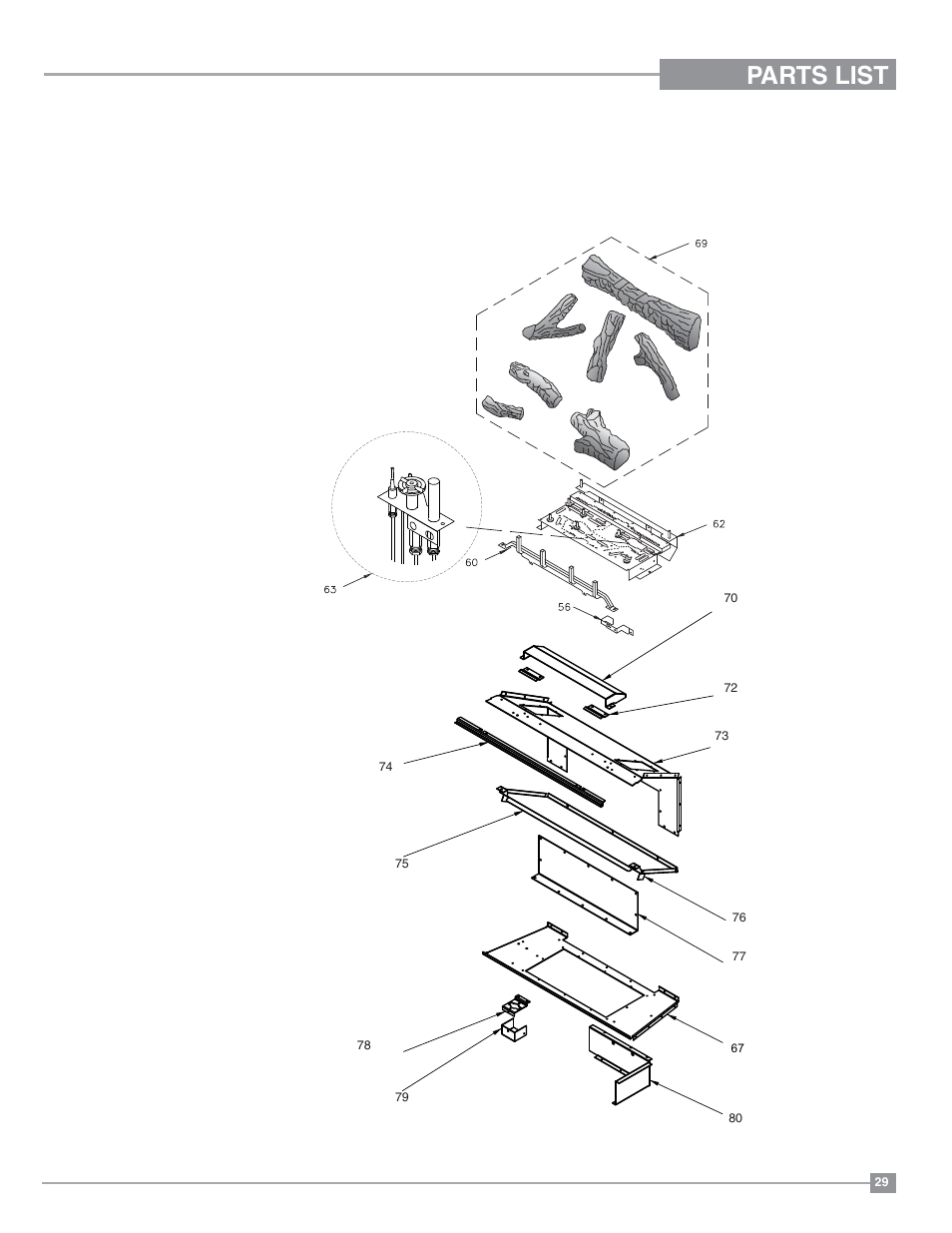 Parts list, Burner assembly & log set | Regency Excalibur EX-U31 Medium Gas Insert User Manual | Page 29 / 36