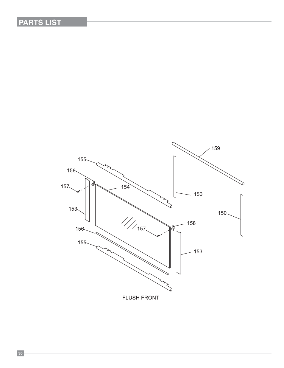 Parts list flush front assembly | Regency Excalibur EX-U31 Medium Gas Insert User Manual | Page 30 / 36