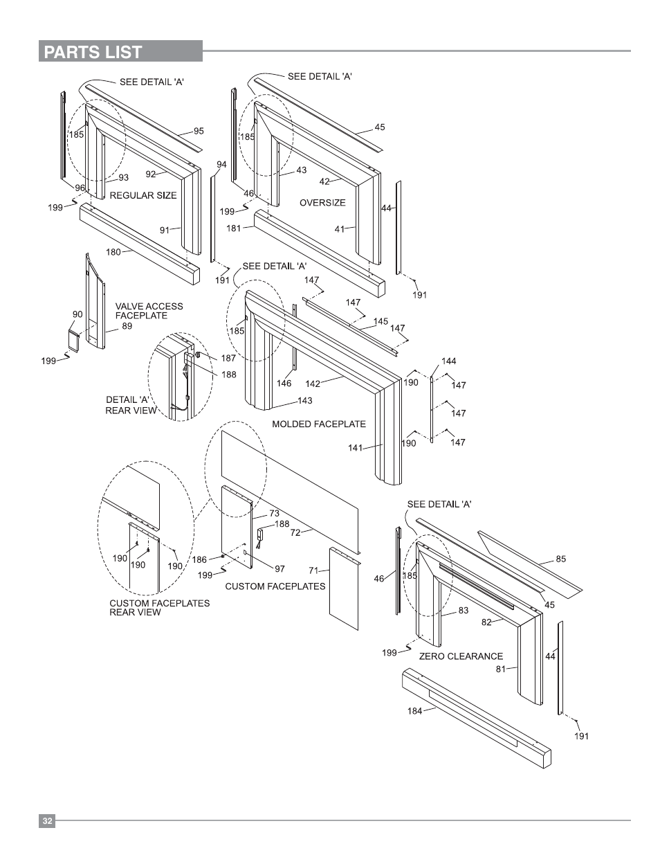 Parts list | Regency Excalibur EX-U31 Medium Gas Insert User Manual | Page 32 / 36