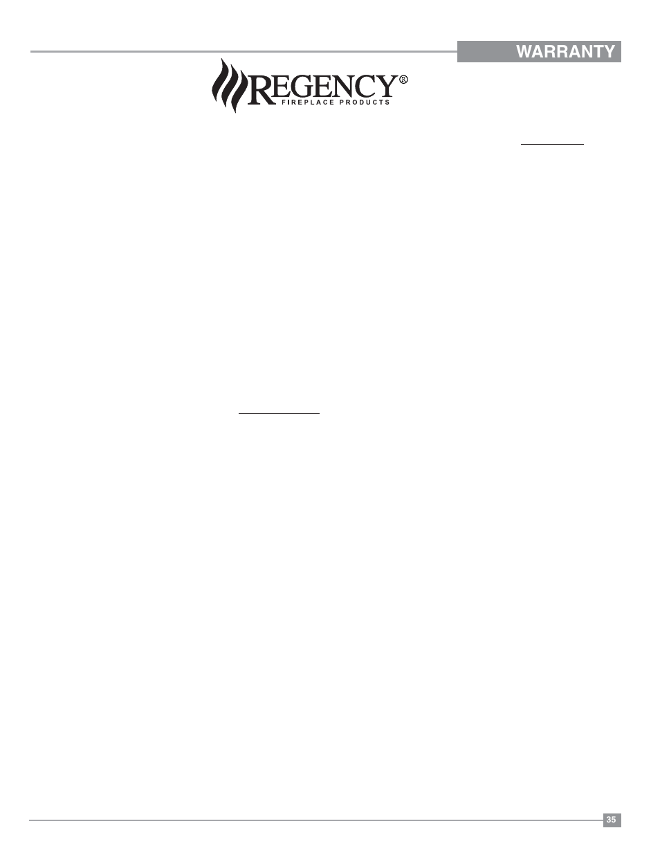 Warranty | Regency Excalibur EX-U31 Medium Gas Insert User Manual | Page 35 / 36