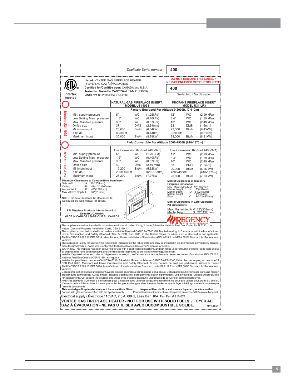 Regency Excalibur EX-U31 Medium Gas Insert User Manual | Page 5 / 36