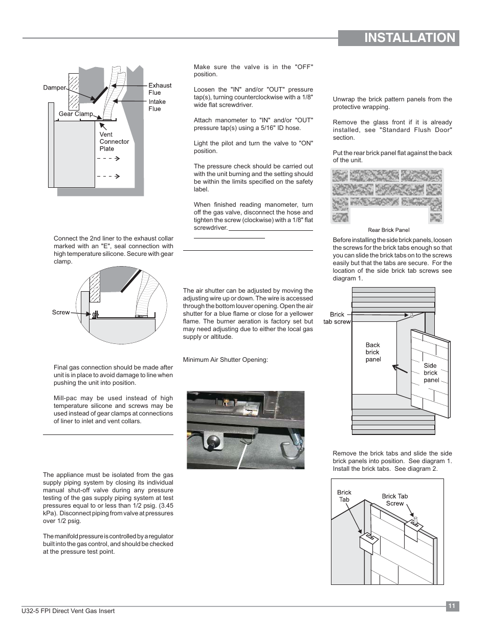 Installation, Optional brick panel, Gas pipe pressure testing | Gas insert aeration system | Regency Energy U32 Medium Gas Insert User Manual | Page 11 / 44