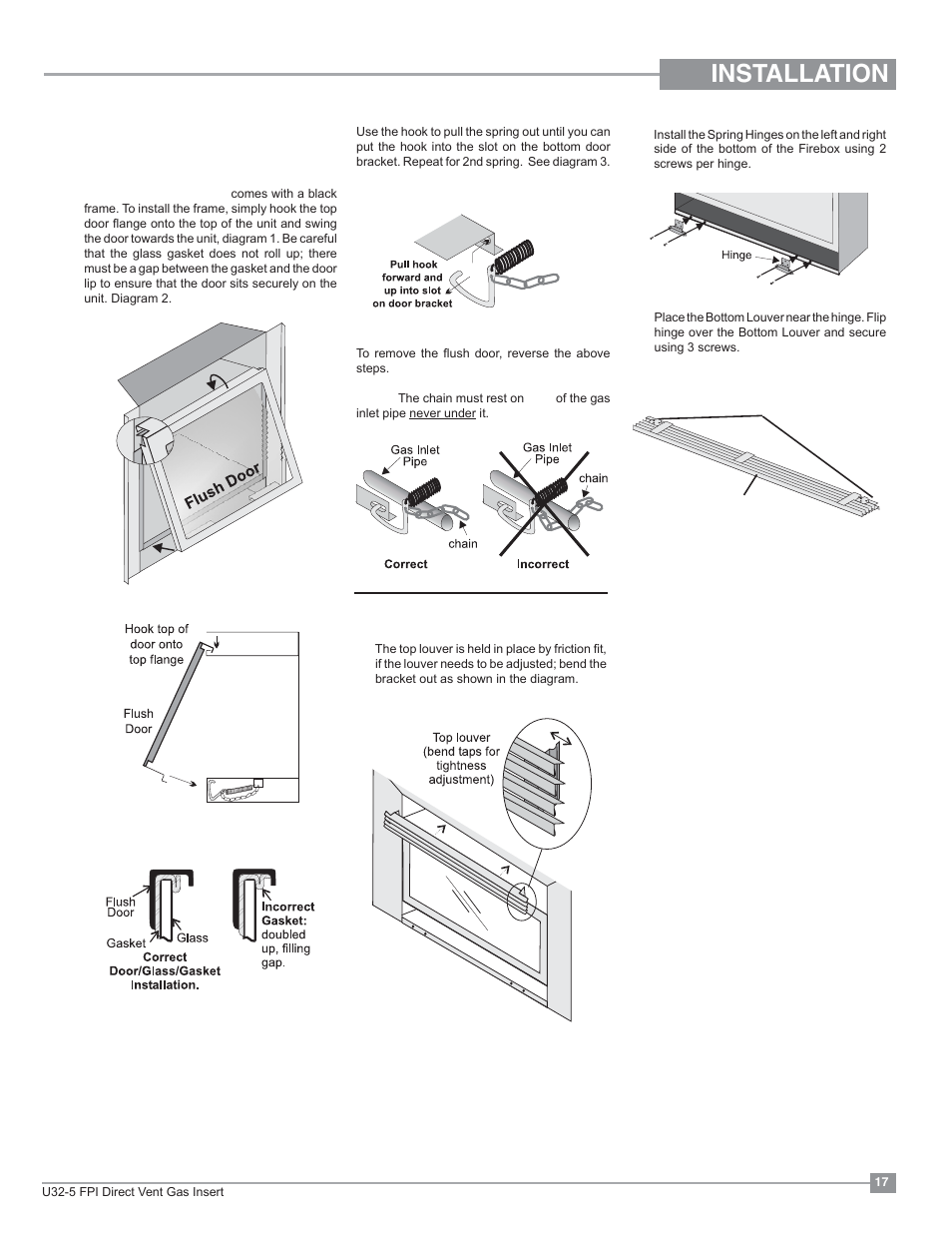 Installation, Flush louvers, Standard flush door | Regency Energy U32 Medium Gas Insert User Manual | Page 17 / 44