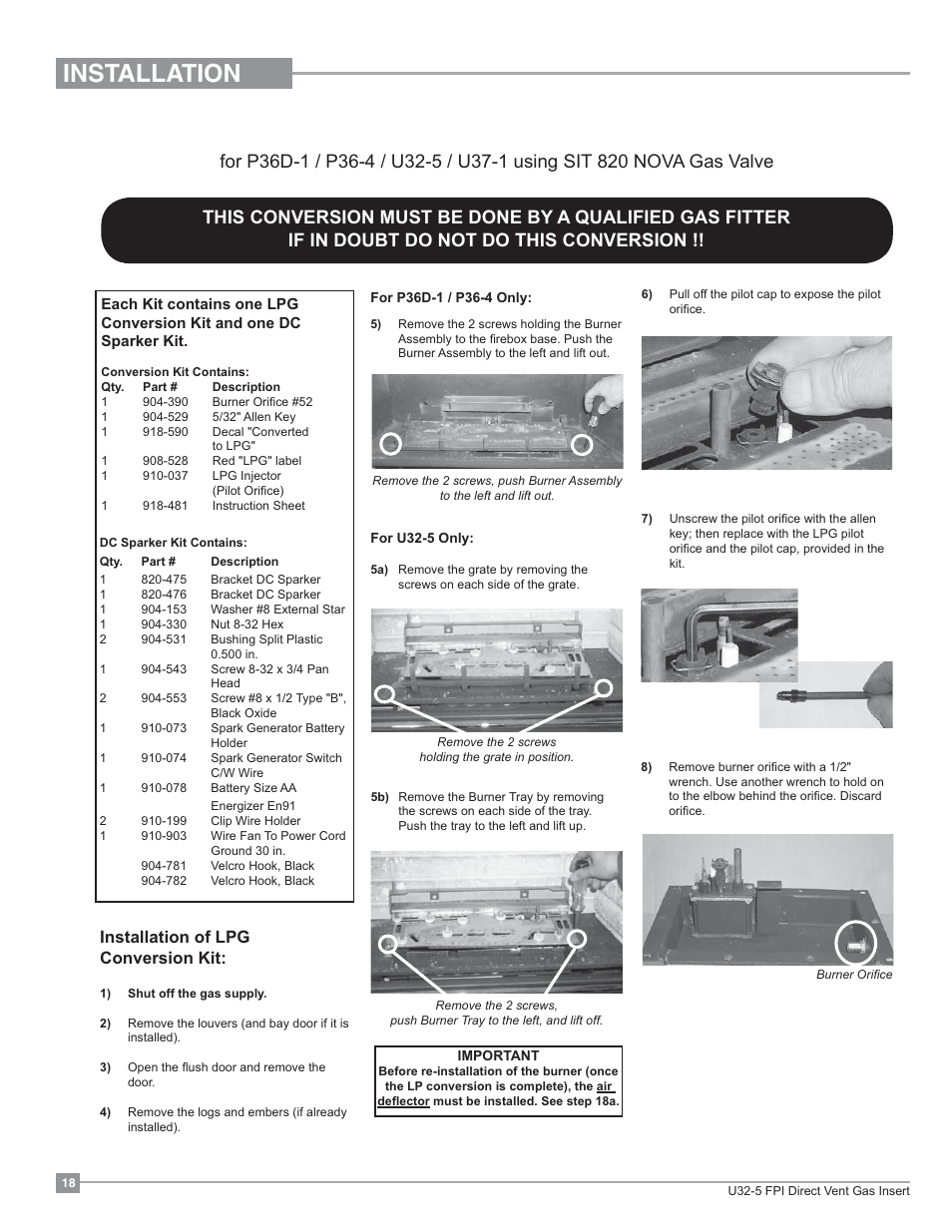 Installation, Installation of lpg conversion kit | Regency Energy U32 Medium Gas Insert User Manual | Page 18 / 44