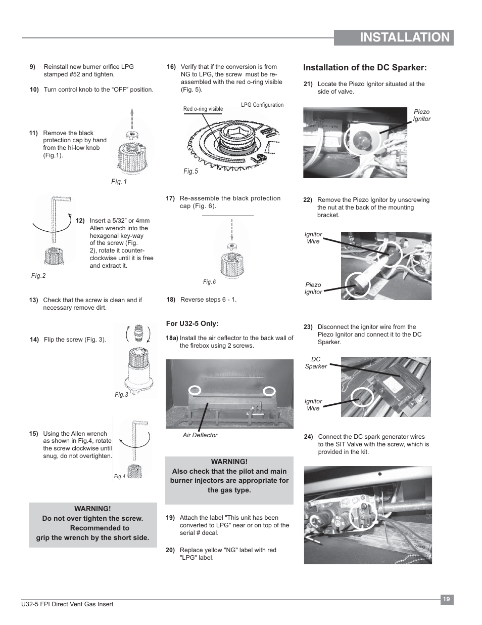 Installation, Installation of the dc sparker | Regency Energy U32 Medium Gas Insert User Manual | Page 19 / 44