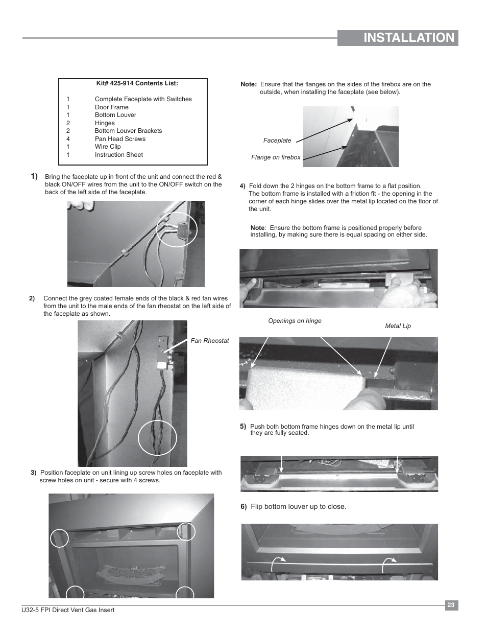 Installation, Contemporary faceplate and doorframe installation | Regency Energy U32 Medium Gas Insert User Manual | Page 23 / 44