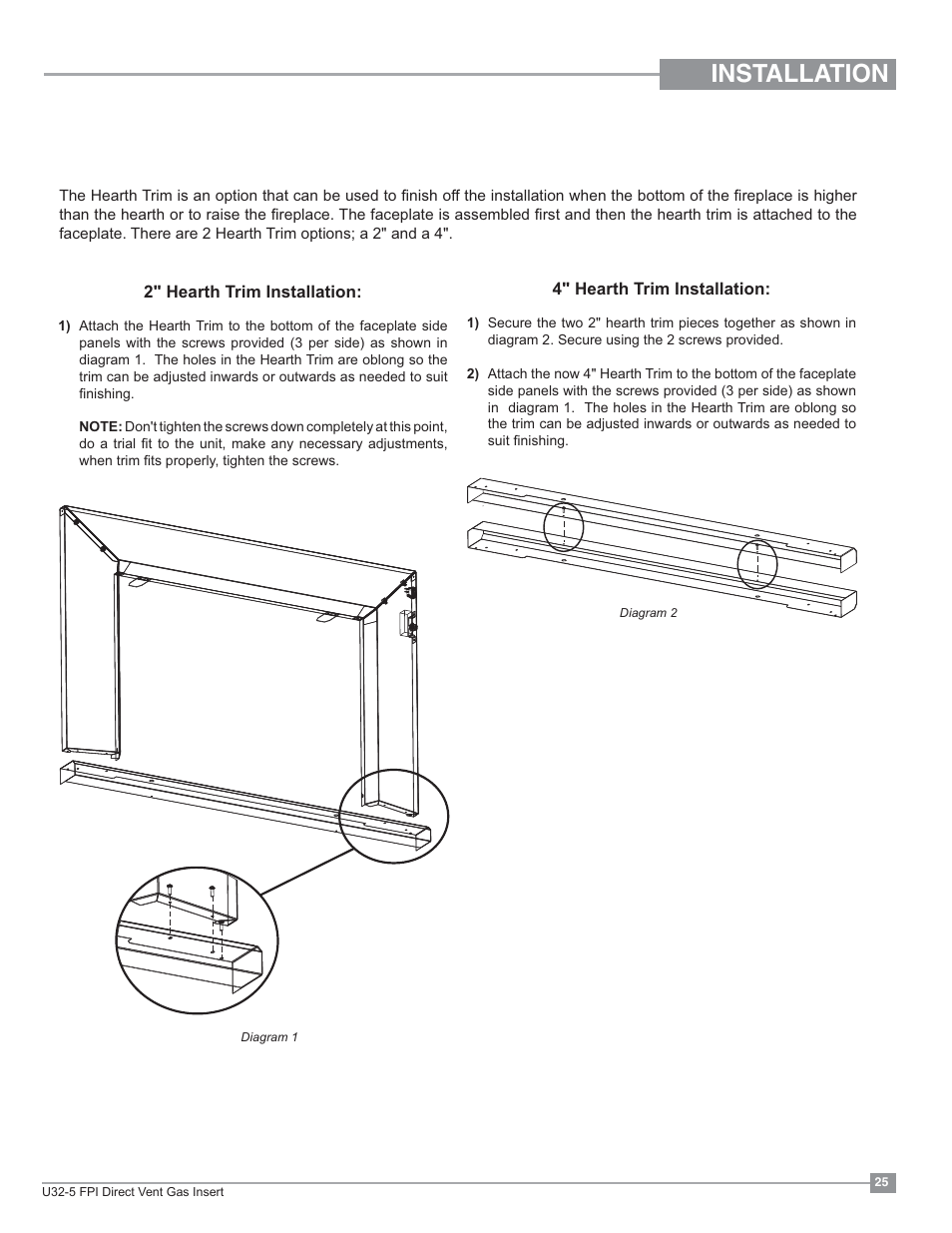 Installation, Optional hearth trim installation | Regency Energy U32 Medium Gas Insert User Manual | Page 25 / 44