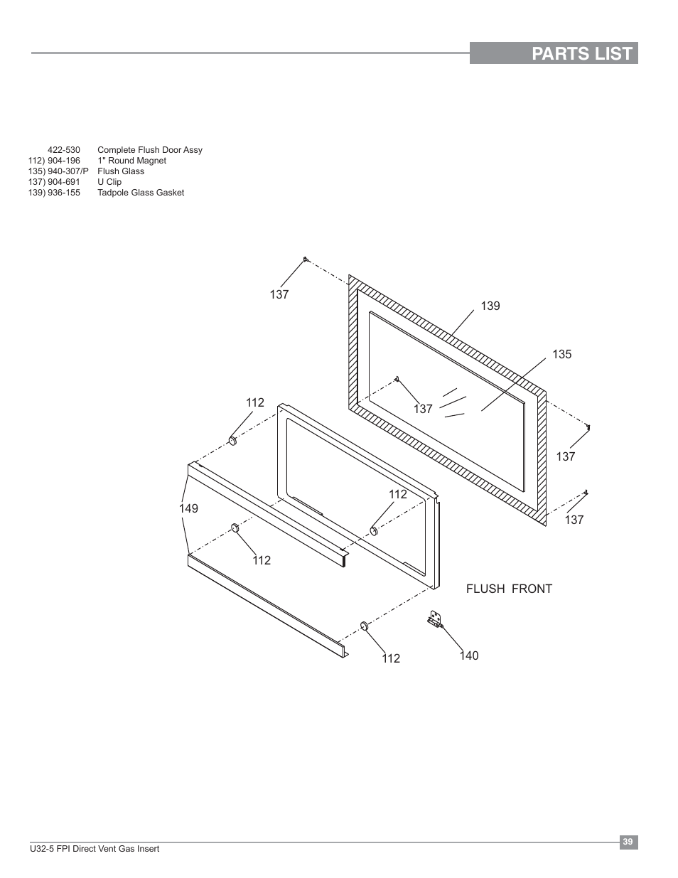 Parts list, Flush front assembly | Regency Energy U32 Medium Gas Insert User Manual | Page 39 / 44