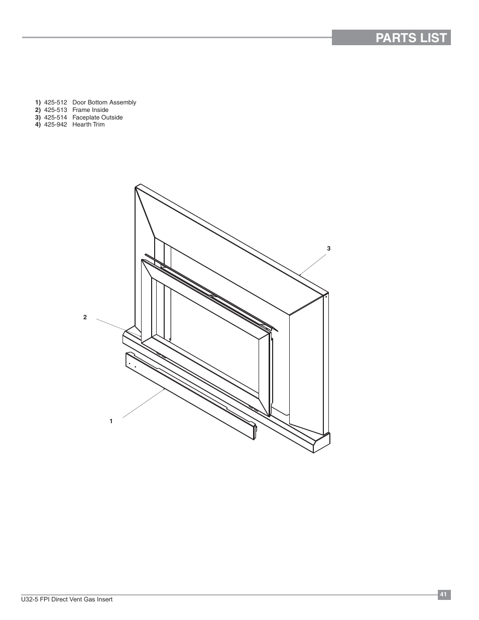 Parts list, Contemporary faceplate and doorframe | Regency Energy U32 Medium Gas Insert User Manual | Page 41 / 44