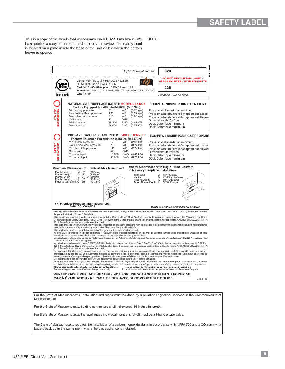 Safety label, U32-5 fpi direct vent gas insert 5 | Regency Energy U32 Medium Gas Insert User Manual | Page 5 / 44