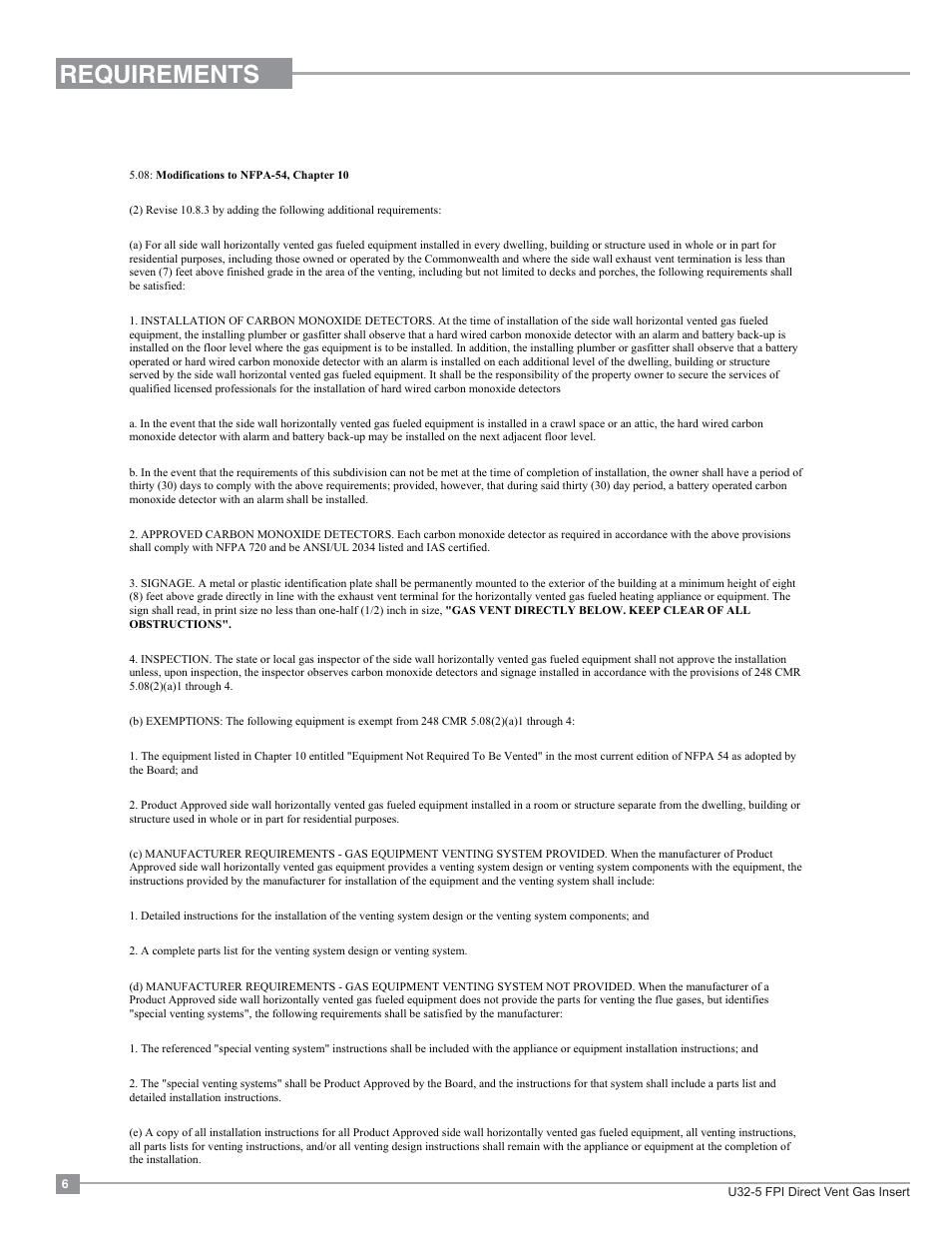 Requirements, Ma code - co detector | Regency Energy U32 Medium Gas Insert User Manual | Page 6 / 44