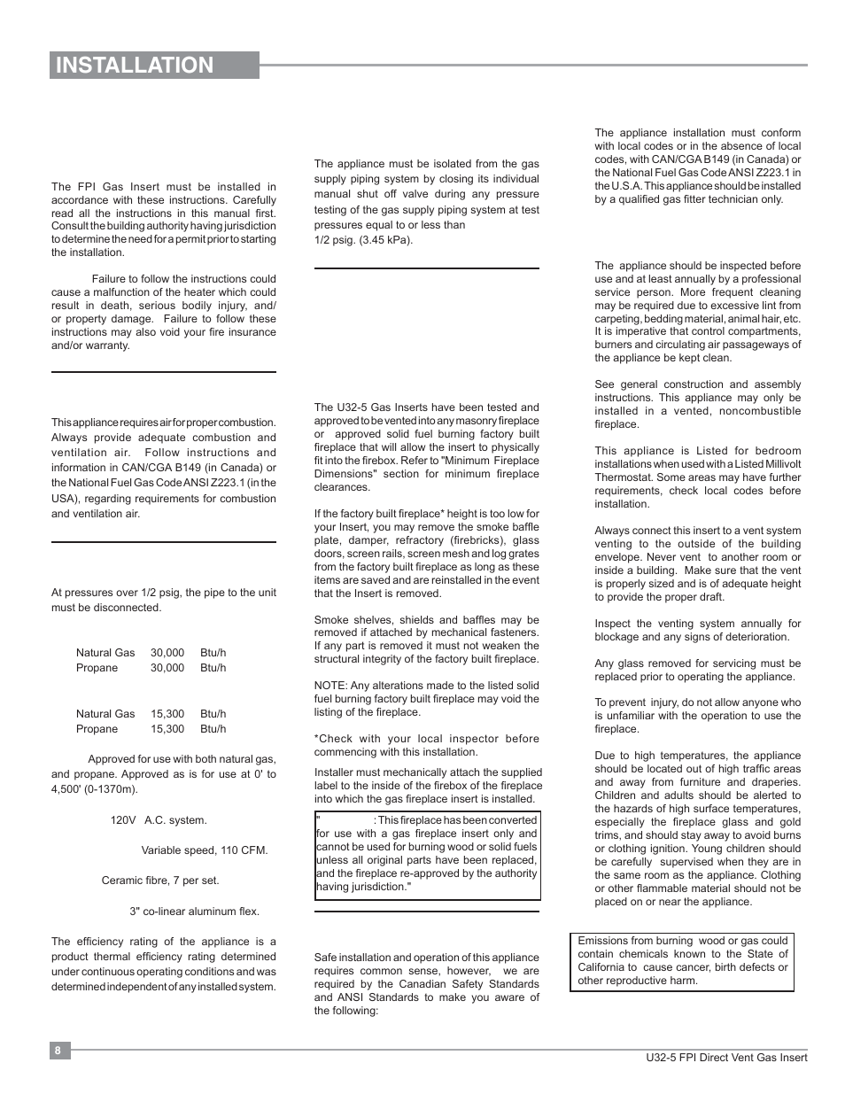 Installation, Important message save these instructions, For your safety | Specifications, Gas pressure testing, Before you start | Regency Energy U32 Medium Gas Insert User Manual | Page 8 / 44