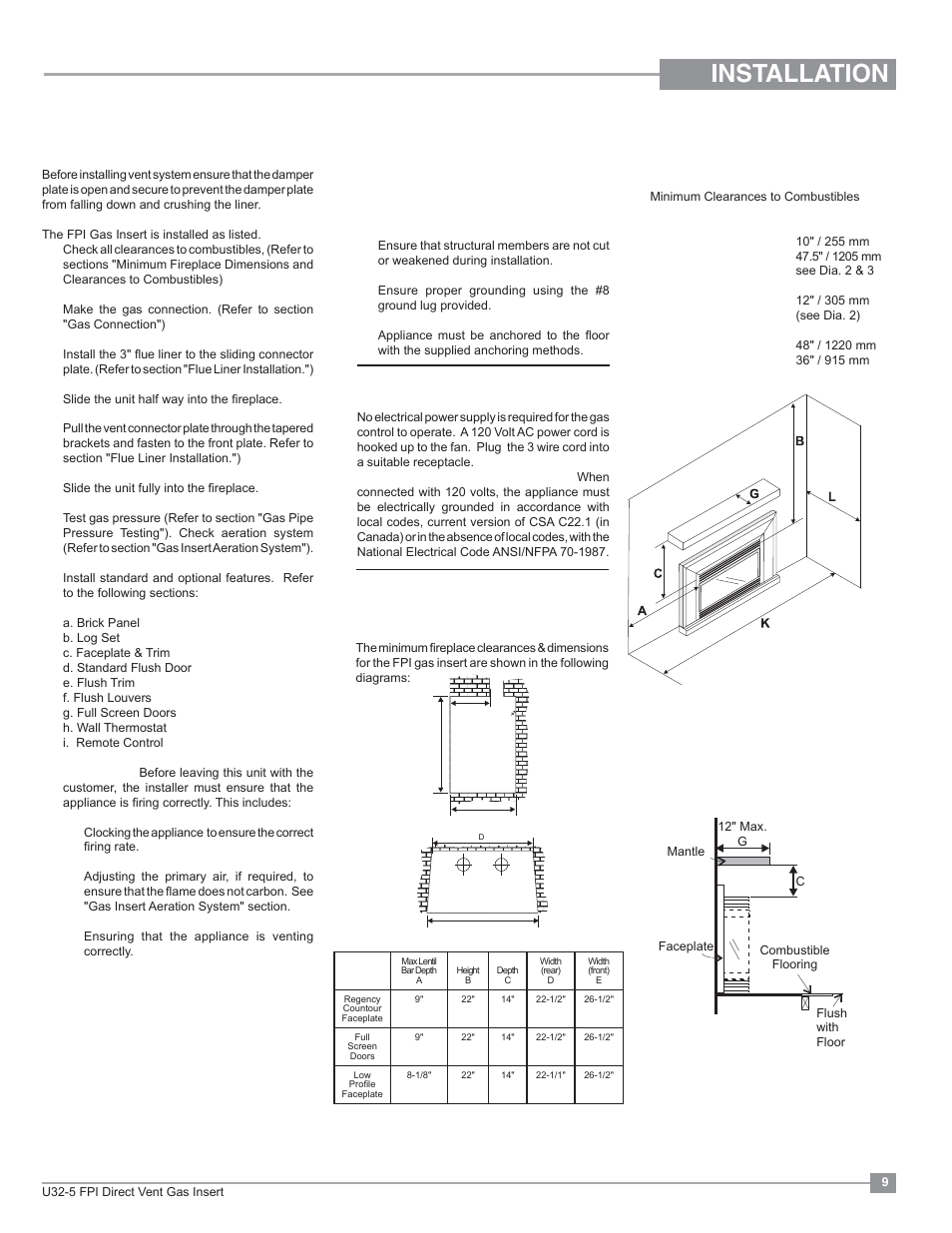 Installation, Manufactured mobile home additional requirements, Materials required | Installation checklist, Minimum fireplace dimensions, Clearances to combustibles | Regency Energy U32 Medium Gas Insert User Manual | Page 9 / 44