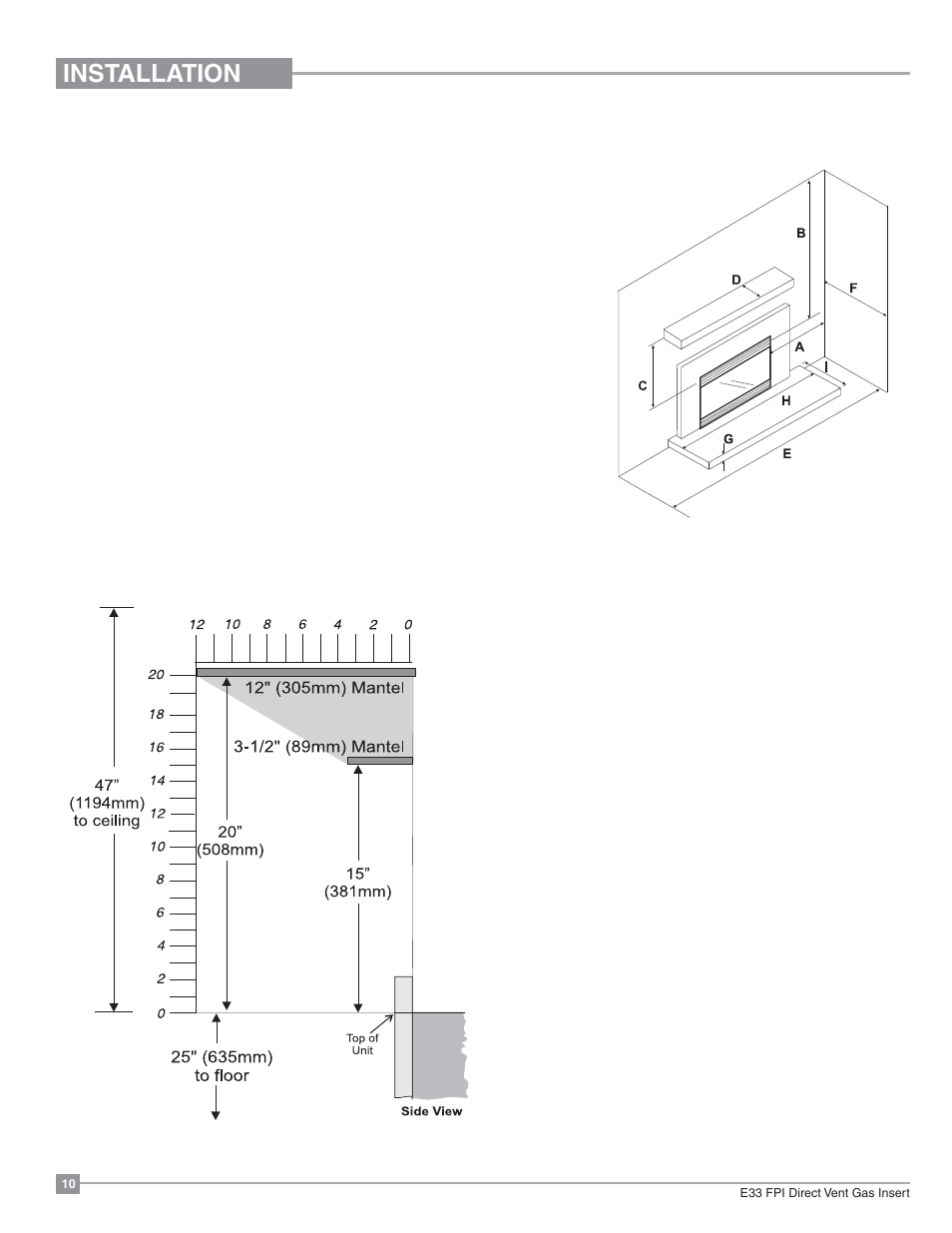 Installation, Minimum clearances to combustibles | Regency Excalibur EX-E33 Large Gas Insert User Manual | Page 10 / 44
