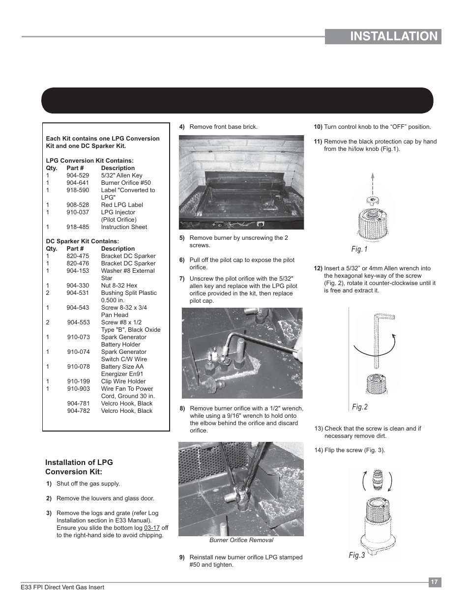 Installation, Fig. 1, Fig.3 | Regency Excalibur EX-E33 Large Gas Insert User Manual | Page 17 / 44