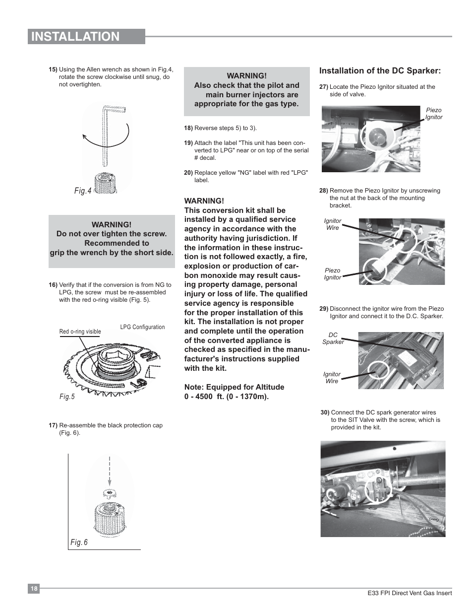 Installation, Fig.4, Installation of the dc sparker | Regency Excalibur EX-E33 Large Gas Insert User Manual | Page 18 / 44