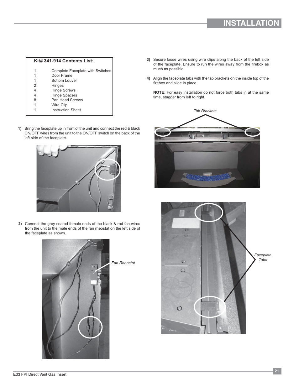 Installation, Contemporary faceplate & door frame | Regency Excalibur EX-E33 Large Gas Insert User Manual | Page 21 / 44