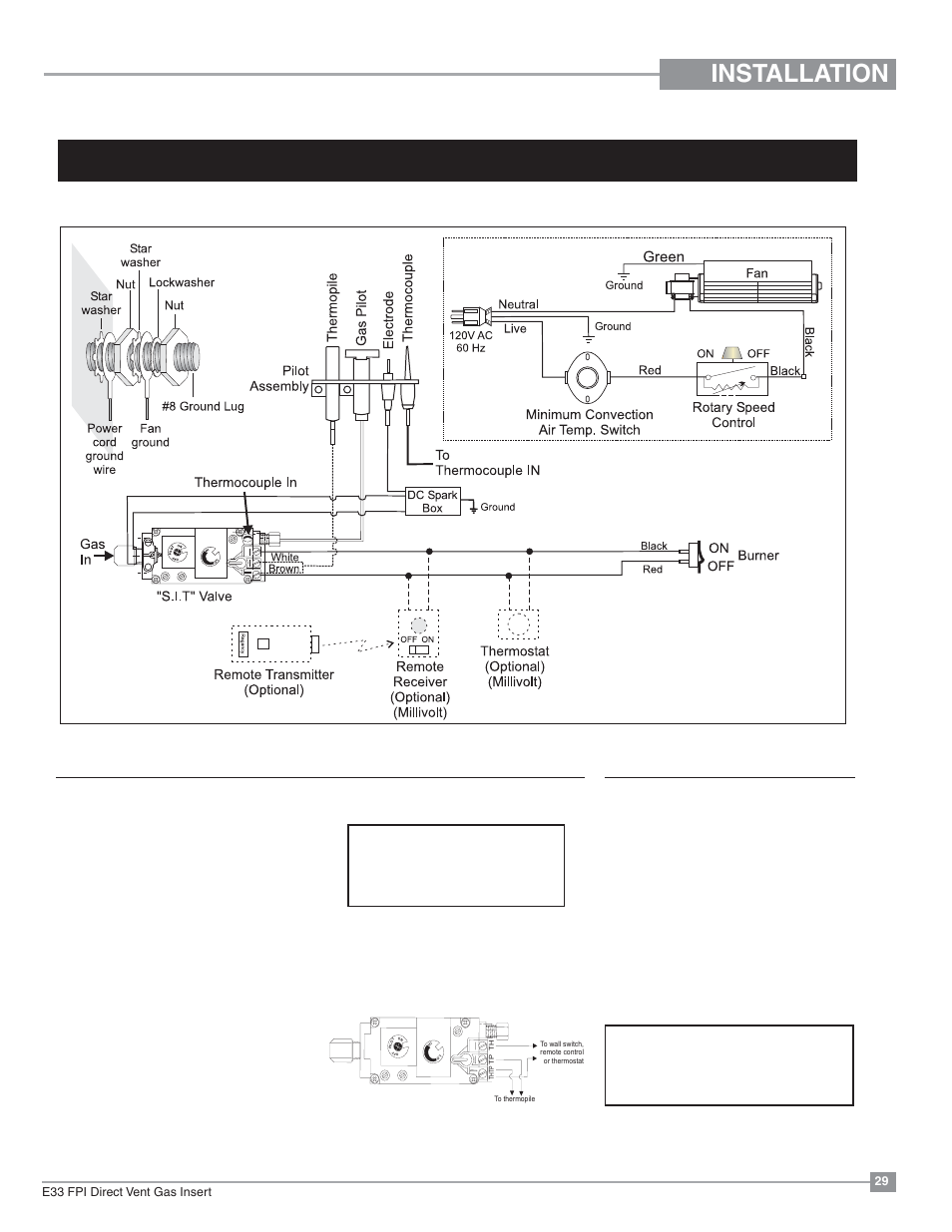 Installation, Optional remote control optional wall thermostat, Propane | Units and units equipped with dc spark boxes | Regency Excalibur EX-E33 Large Gas Insert User Manual | Page 29 / 44