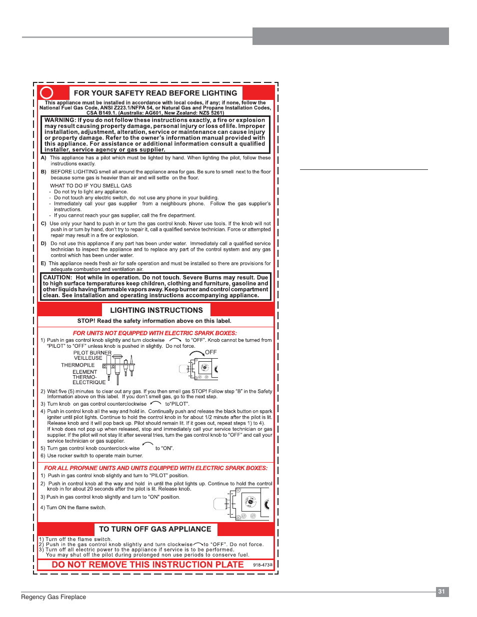 Operating instructions, Normal operating sounds of gas appliances | Regency Excalibur EX-E33 Large Gas Insert User Manual | Page 31 / 44