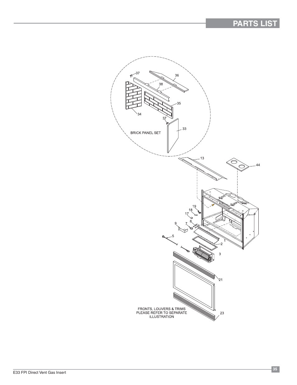 Parts list, Main assembly | Regency Excalibur EX-E33 Large Gas Insert User Manual | Page 35 / 44