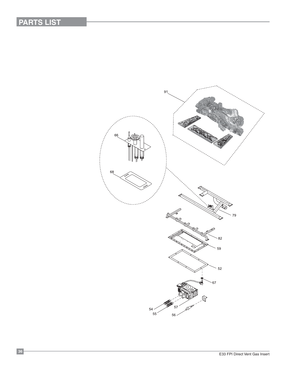 Parts list, Burner & log assembly | Regency Excalibur EX-E33 Large Gas Insert User Manual | Page 36 / 44