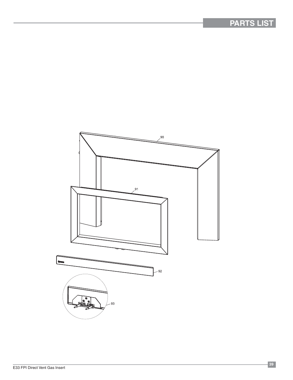 Parts list, Contemporary faceplate & door frame | Regency Excalibur EX-E33 Large Gas Insert User Manual | Page 39 / 44