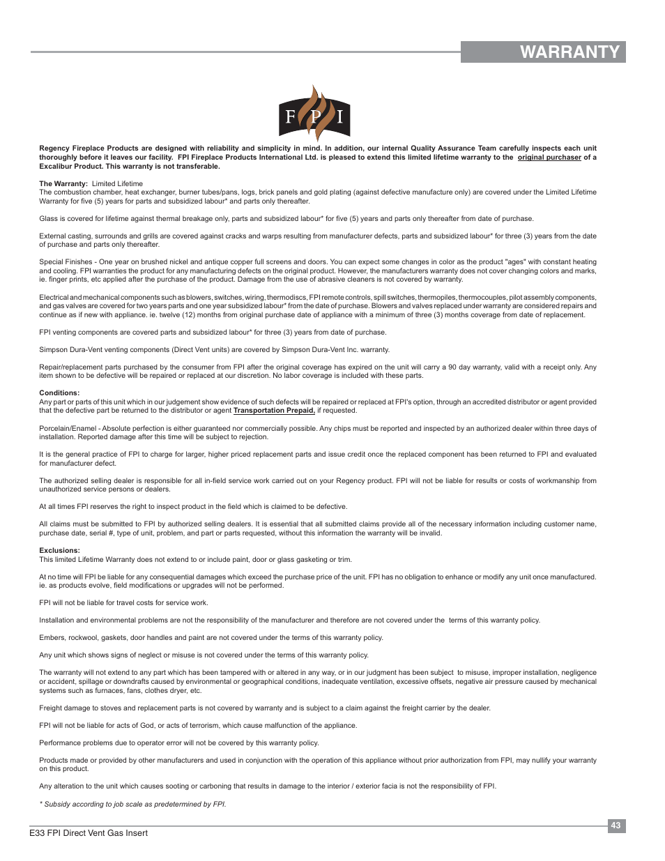 Warranty | Regency Excalibur EX-E33 Large Gas Insert User Manual | Page 43 / 44