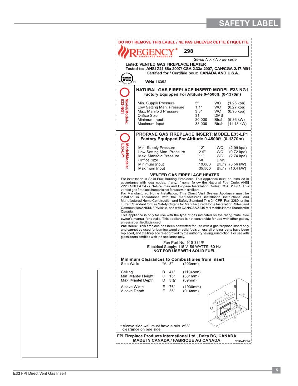 Safety label | Regency Excalibur EX-E33 Large Gas Insert User Manual | Page 5 / 44