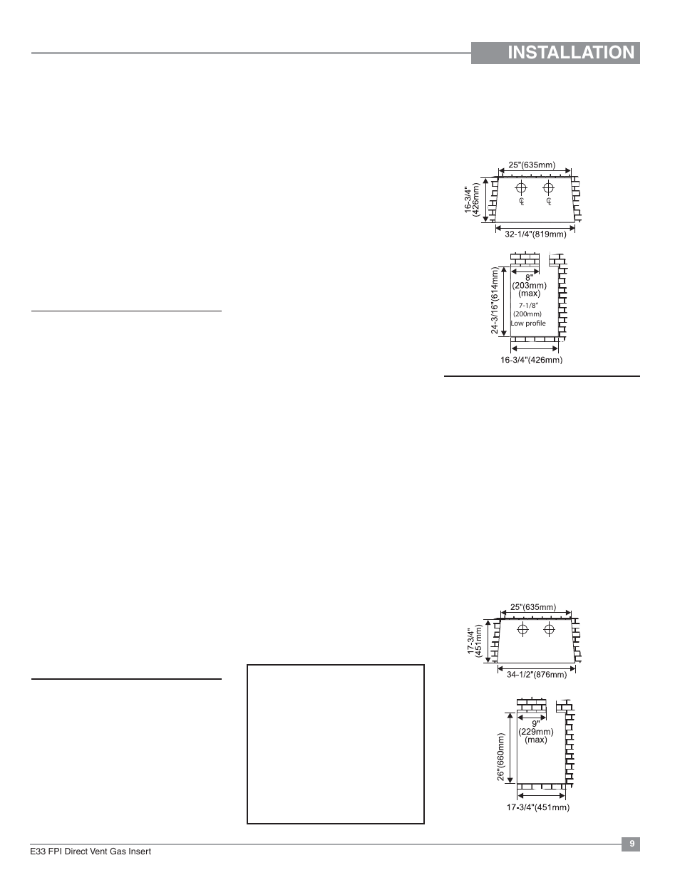 Installation, Materials required, Venting | Flue liner installation, Gas insert aeration system, Minimum fireplace opening, Minimum fireplace opening excalibur, Option | Regency Excalibur EX-E33 Large Gas Insert User Manual | Page 9 / 44