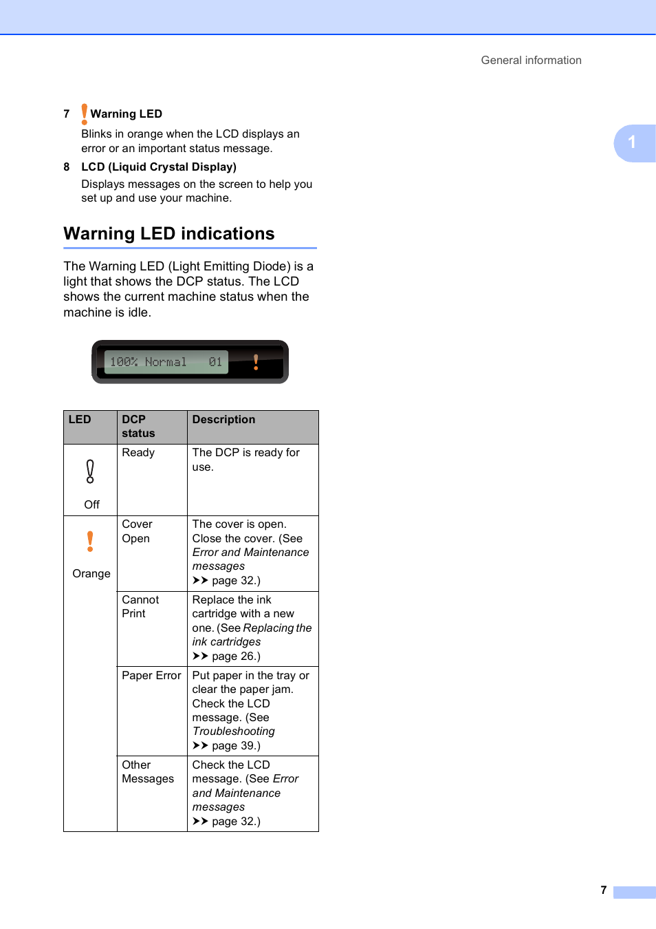 Warning led indications | Brother Printer DCP-J140W User Manual | Page 17 / 76