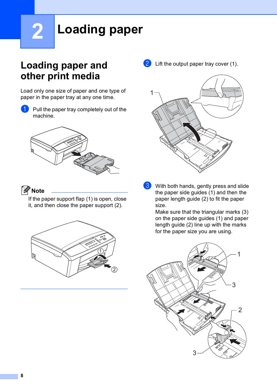 2 loading paper, Loading paper and other print media, Loading paper | Brother Printer DCP-J140W User Manual | Page 18 / 76