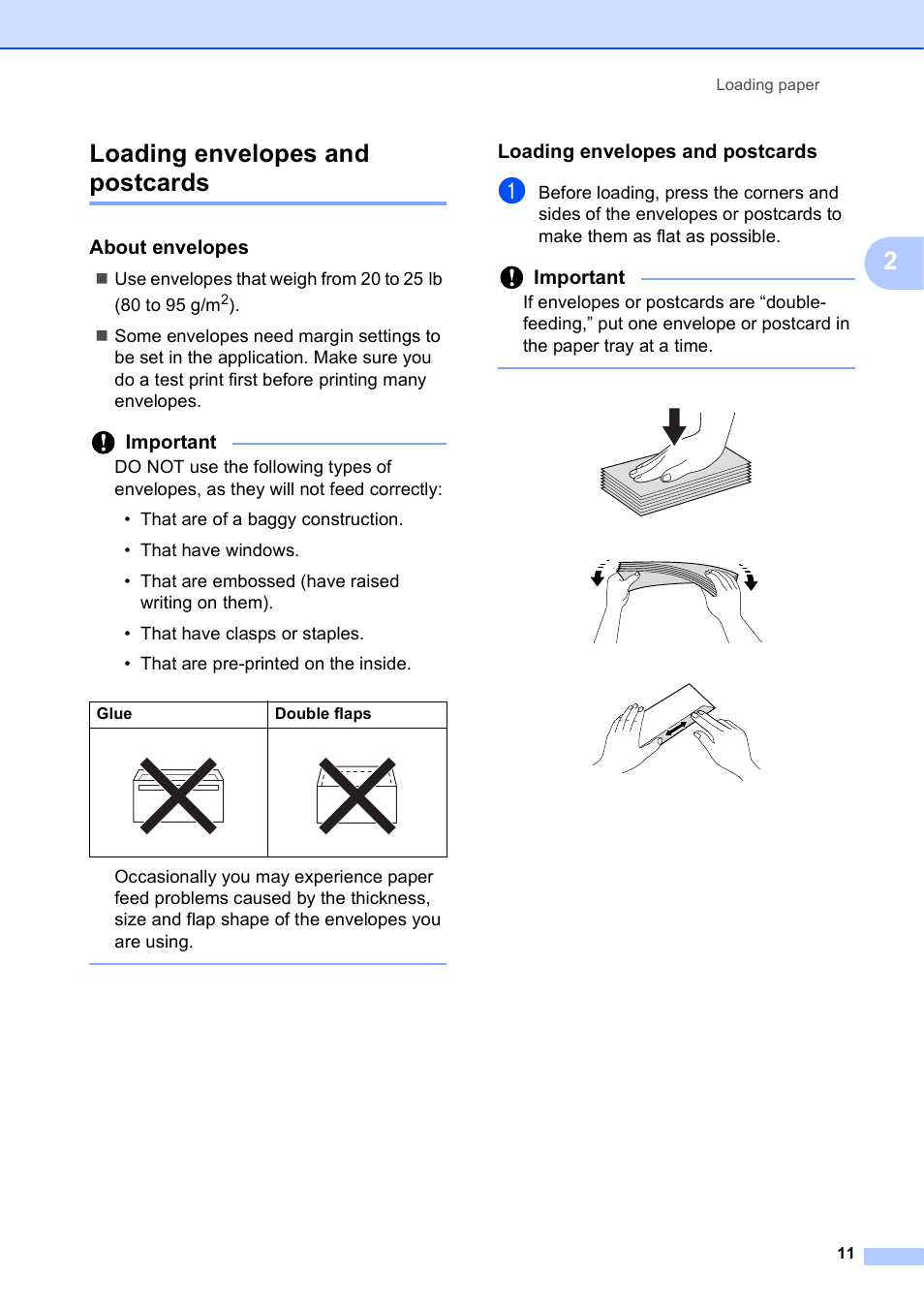 Loading envelopes and postcards, About envelopes, 2loading envelopes and postcards | Important | Brother Printer DCP-J140W User Manual | Page 21 / 76