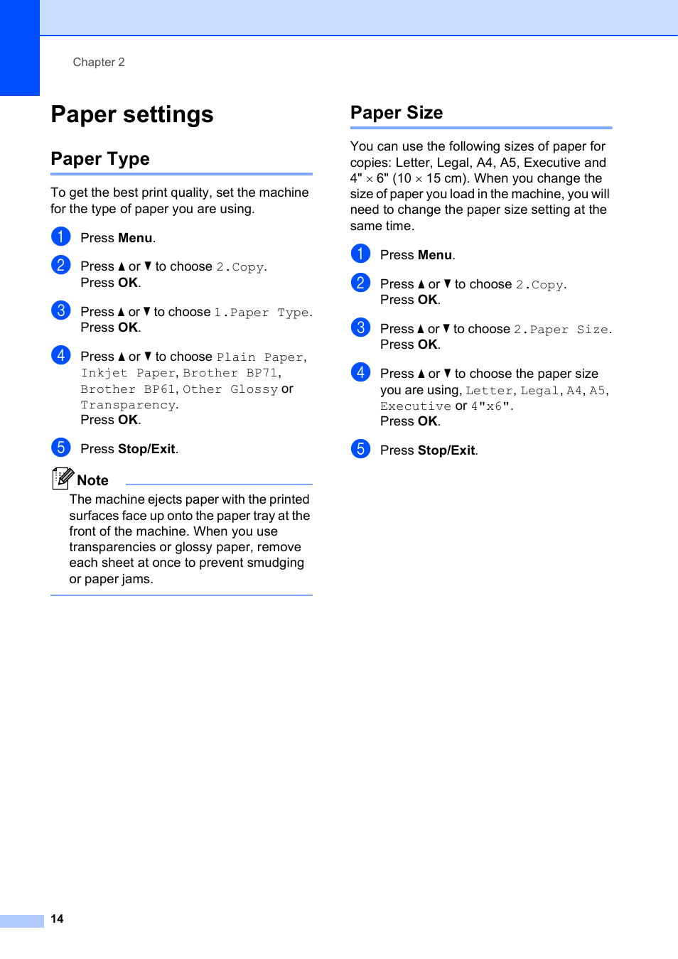 Paper settings, Paper type, Paper size | Paper type paper size | Brother Printer DCP-J140W User Manual | Page 24 / 76